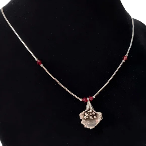 Southwestern Sterling Squash Blossom Liquid Silver Red Crystal Bead Necklace 16" - Picture 1 of 14